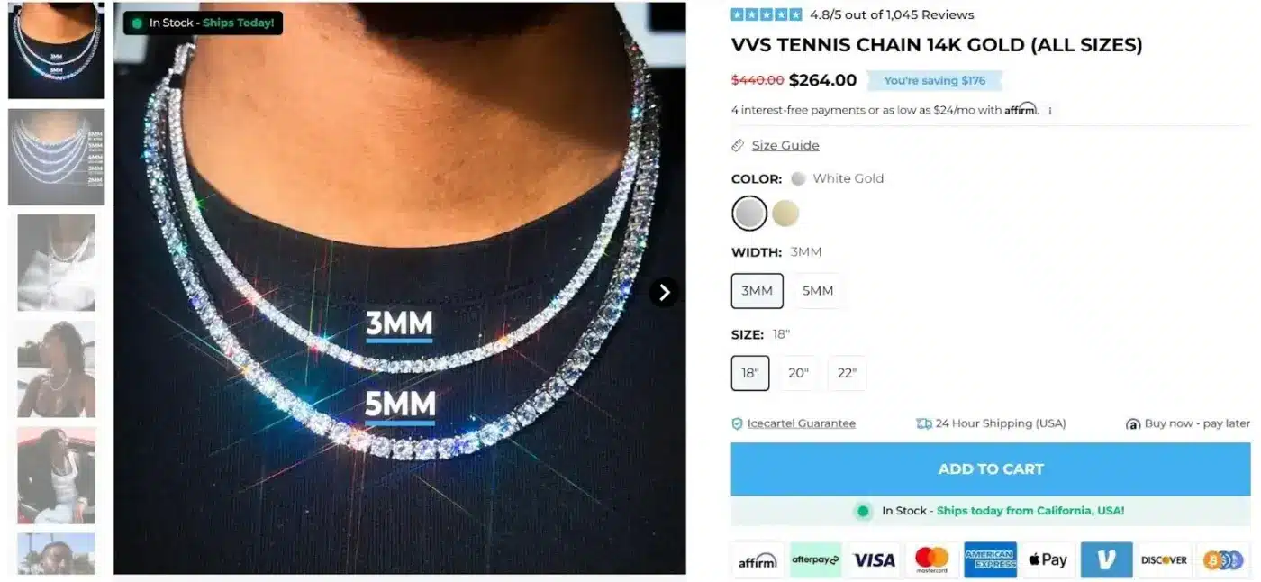 Icecartel VVS Tennis Chain 14K Gold product page showing BNPL payment options with Affirm near the Add to Cart button
