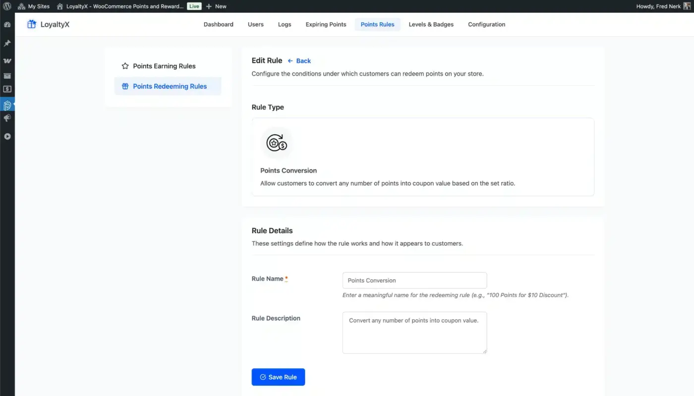 Loyaltyx add points redeeming rule