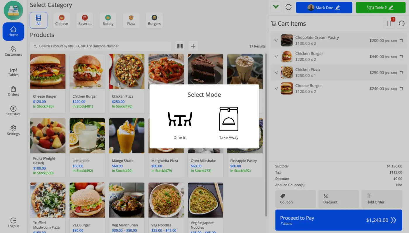 Dine-In and Takeaway Modes
