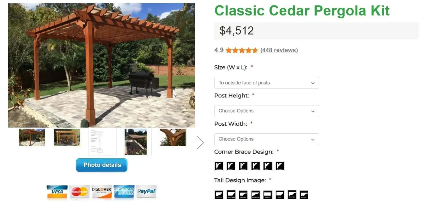 Pergola Kits USA Classic Cedar Pergola Kit product page with multi-angle photo gallery showing the structure in a real backyard setting