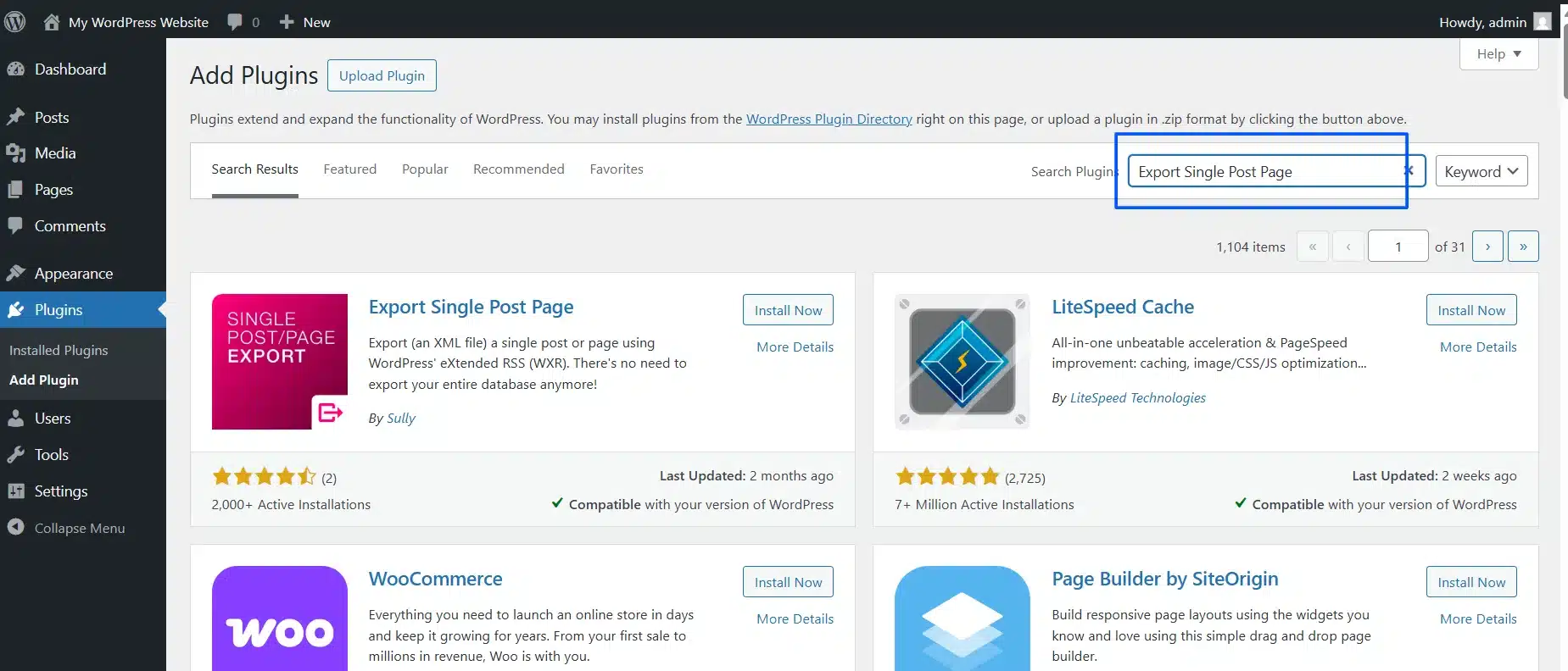 Search for the Export Single Post Page plugin