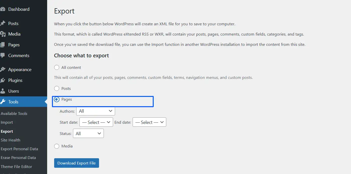 On the Export screen, select the Pages option.