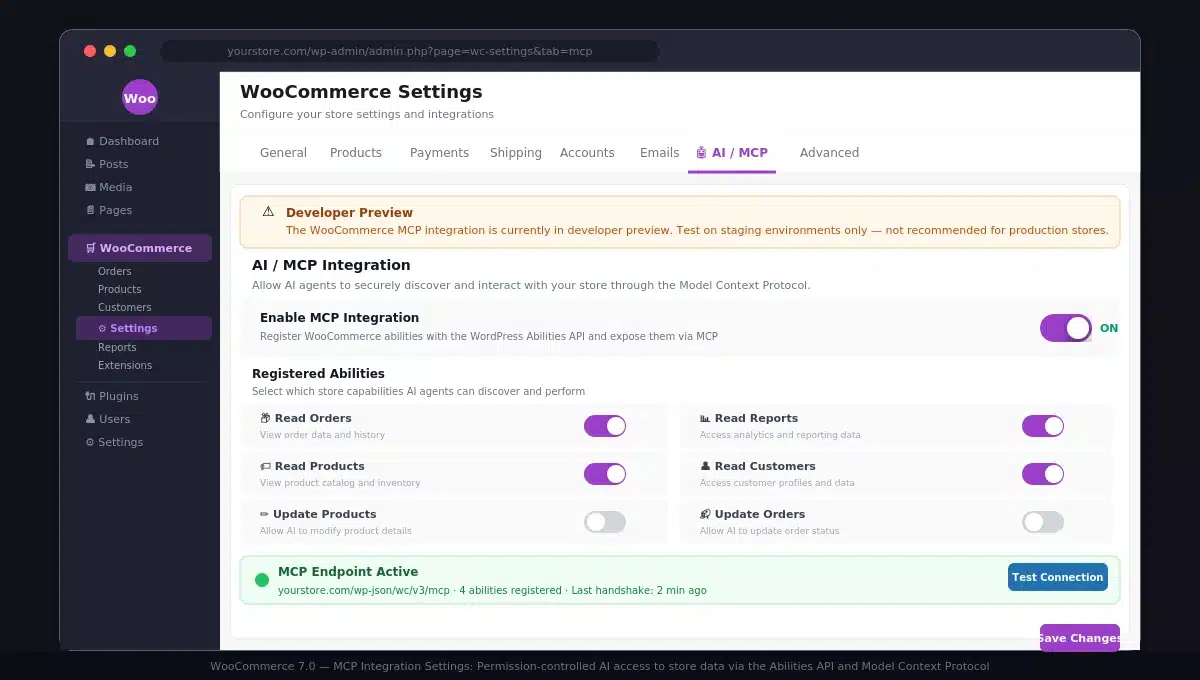 MCP integration settings panel in WooCommerce