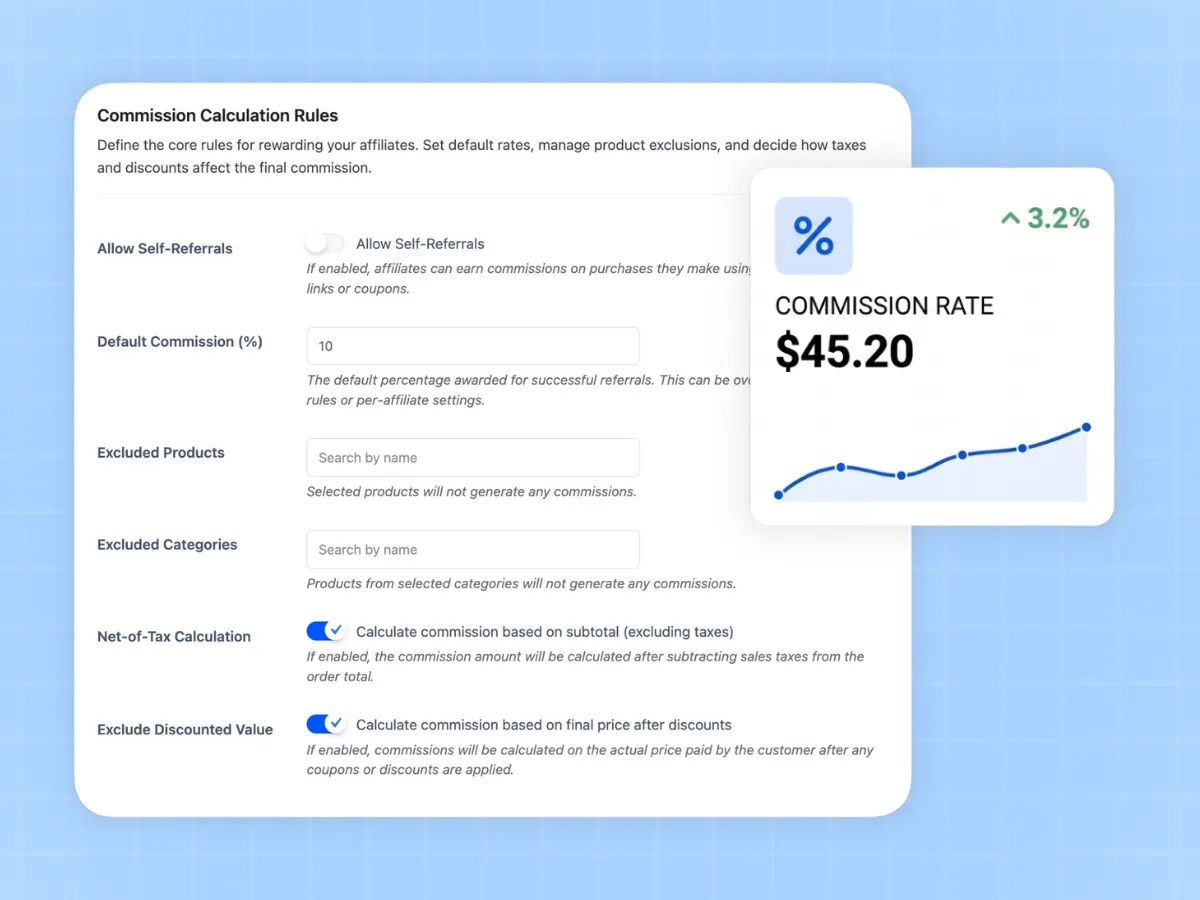 Smart commission calculation controls showing tax exclusion and discount settings in WooCommerce affiliate plugin