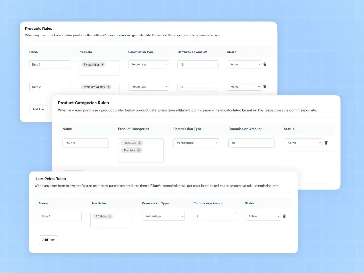 Rule-based commission engine in WooCommerce affiliate plugin with product category and user role settings