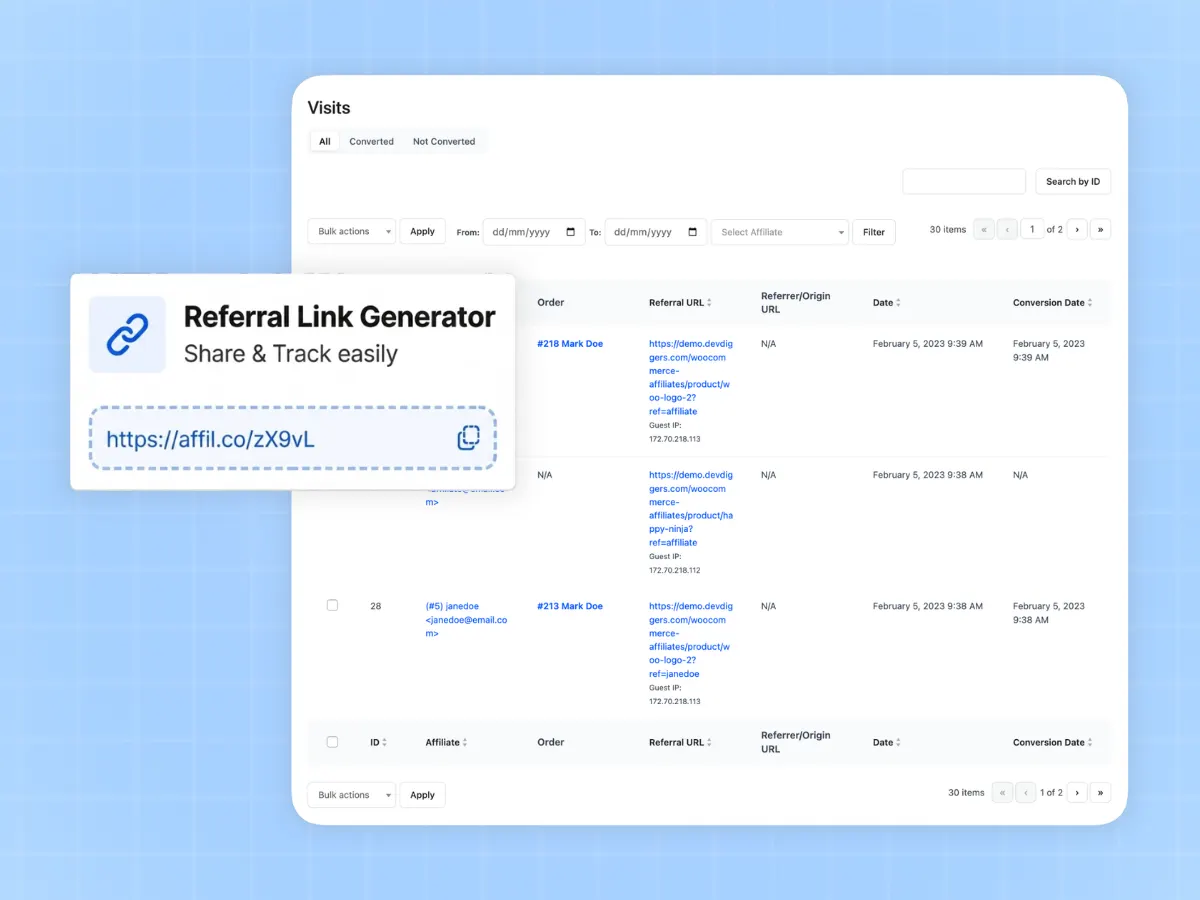 Referral link and cookie tracking configuration in WooCommerce affiliate plugin