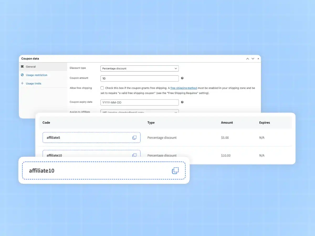 Coupon-based affiliate referral tracking settings linking WooCommerce coupons to specific affiliates