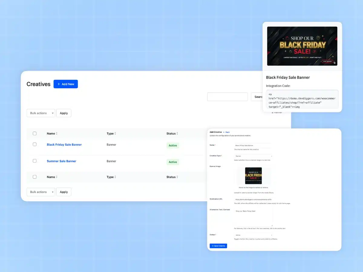 Affiliate creatives and marketing asset library inside WooCommerce affiliate plugin dashboard