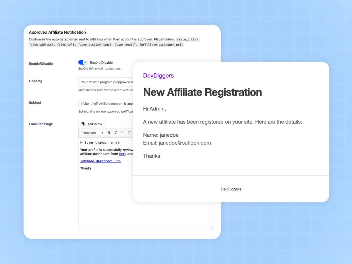 Customizable affiliate email notification templates inside WooCommerce affiliate plugin