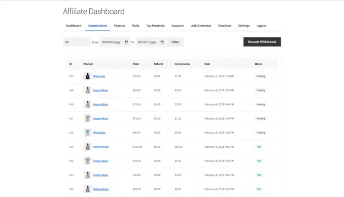WooCommerce affiliate plugin front-end commissions tab showing per-order commission amounts with paid and pending status and request withdrawal button