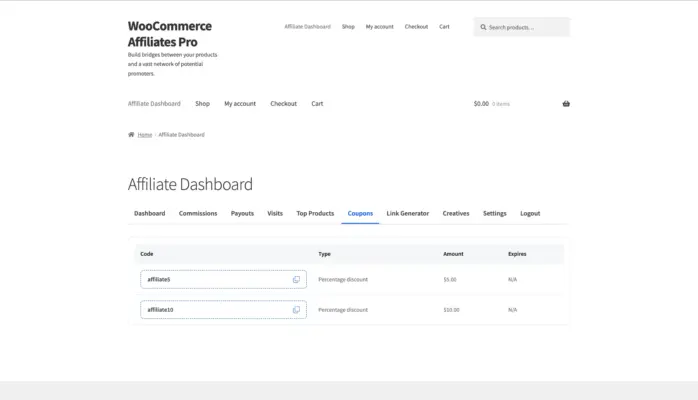 WooCommerce affiliate plugin front-end coupons tab showing assigned coupon codes with discount type amount and expiry date