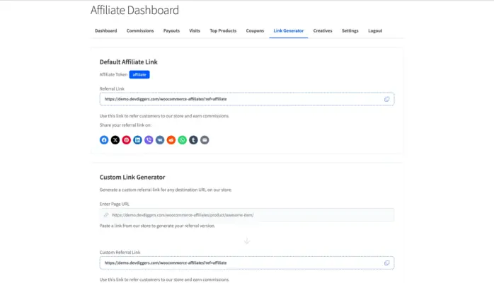 WooCommerce affiliate plugin front-end link generator showing default referral link social sharing buttons and custom link generator tool