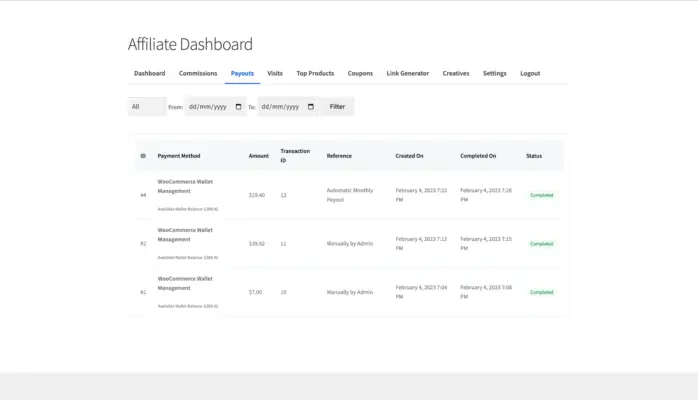 WooCommerce affiliate plugin front-end payouts tab showing wallet payout history with transaction IDs and completed status