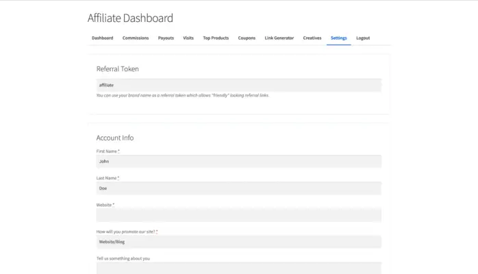 WooCommerce affiliate plugin front-end settings tab showing referral token customization and account info fields