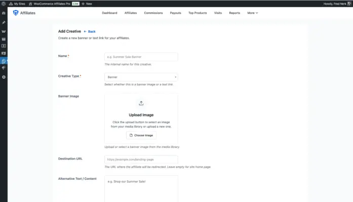WooCommerce affiliate plugin add creative screen for uploading affiliate banners with destination URL and image upload
