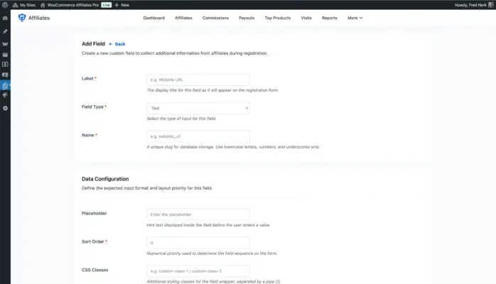 WooCommerce affiliate plugin add custom registration field screen showing label field type placeholder and sort order settings