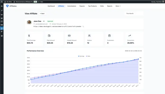 Individual affiliate profile in WooCommerce affiliate plugin showing total earnings paid unpaid visitors and performance chart