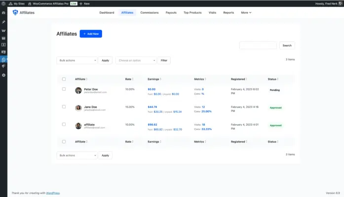 WooCommerce affiliate plugin admin affiliates list showing commission rates earnings and approval status