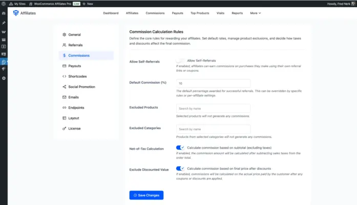 WooCommerce affiliate plugin commission calculation settings showing excluded products net of tax calculation and discount exclusion options