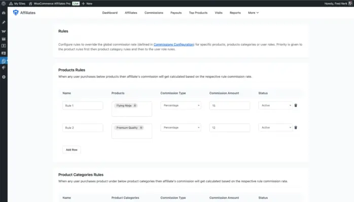 WooCommerce affiliate plugin commission rules settings showing product level rules with percentage commission types and active status