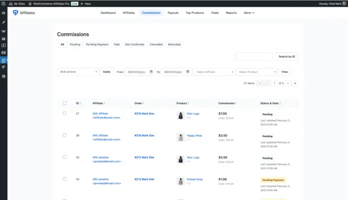 WooCommerce affiliate plugin commissions screen showing affiliate orders products commission amounts and payment status