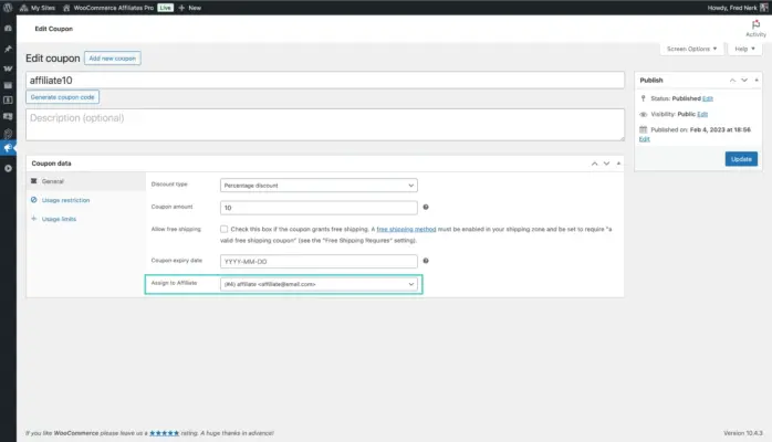 WooCommerce edit coupon screen showing assign to affiliate dropdown field for linking a coupon code to a specific affiliate