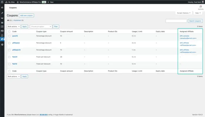 WooCommerce coupons admin list showing assigned affiliate column linking coupon codes to specific affiliates for referral tracking