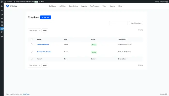 WooCommerce affiliate plugin creatives management list showing active banners with name type and created date