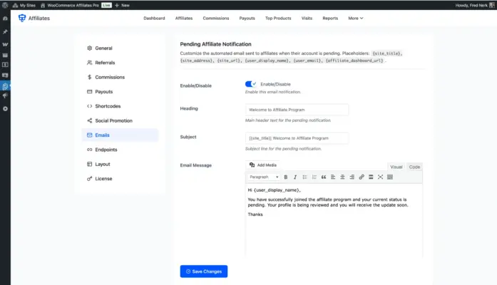 WooCommerce affiliate plugin email notifications template with customizable heading subject and message body
