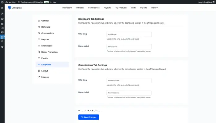 WooCommerce affiliate plugin endpoints settings showing all tabs URL slug and menu label configuration