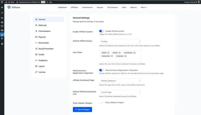 WooCommerce affiliate plugin general settings screen showing affiliate system toggle user roles and dashboard page configuration