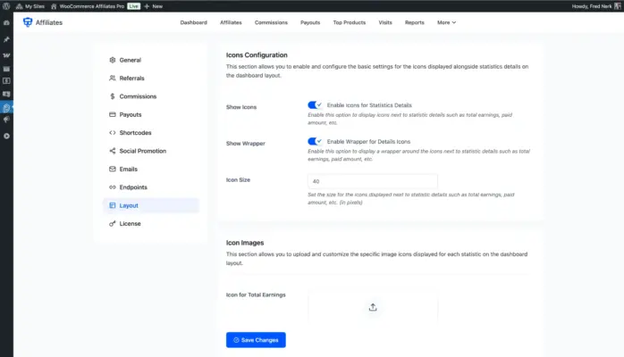 WooCommerce affiliate plugin layout settings showing icons configuration toggle and icon size control for affiliate dashboard