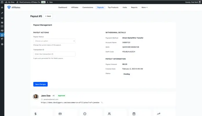 WooCommerce affiliate payout detail screen showing withdrawal method IBAN payout amount and status management