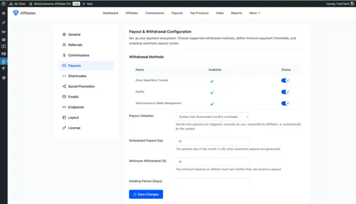 WooCommerce affiliate plugin payout settings showing BACS PayPal and wallet withdrawal methods with automated monthly schedule and minimum withdrawal threshold
