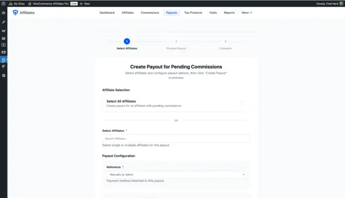 WooCommerce affiliate payout wizard step one showing affiliate selection and payout configuration for pending commissions
