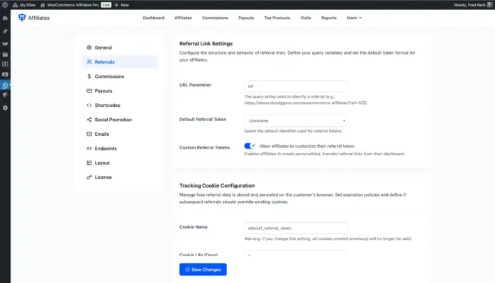 WooCommerce affiliate plugin referral link settings showing URL parameter referral token and tracking cookie configuration