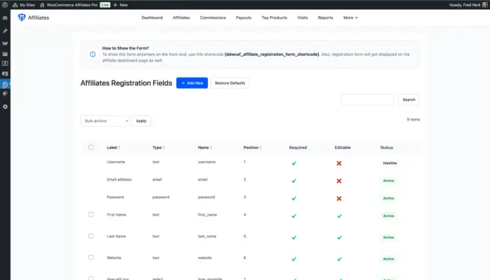 WooCommerce affiliate plugin registration fields manager showing custom field labels types required and editable settings