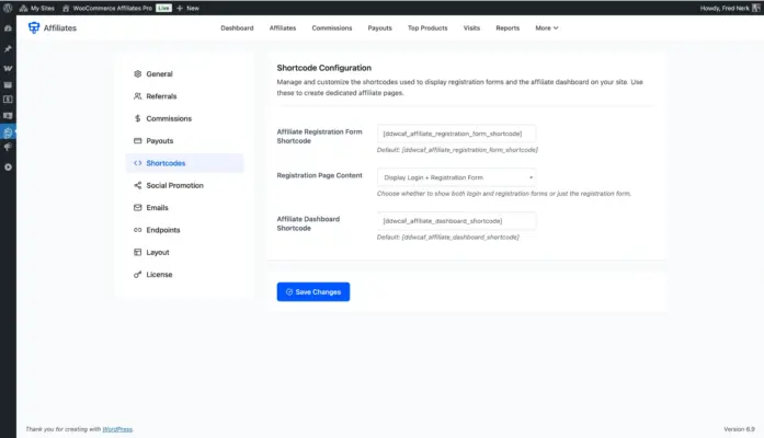 WooCommerce affiliate plugin shortcode configuration screen showing registration form and affiliate dashboard shortcodes