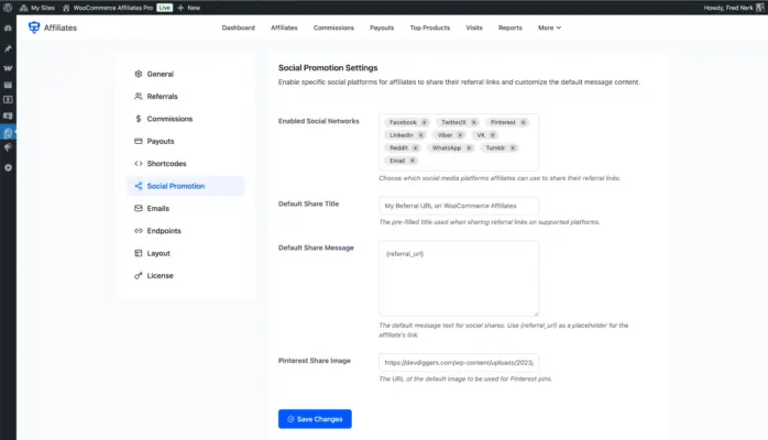 WooCommerce affiliate plugin social promotion settings showing enabled social networks including Facebook Twitter LinkedIn WhatsApp and Pinterest with default share message