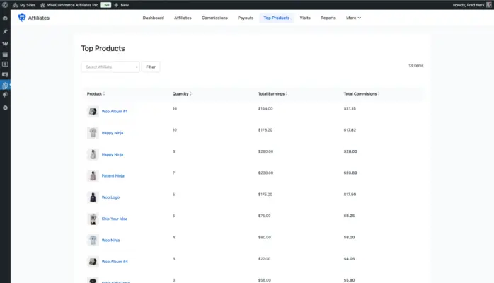 WooCommerce affiliate plugin top products report showing quantity sold total earnings and commissions per product