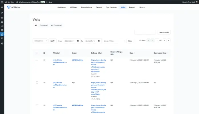 WooCommerce affiliate plugin visits log showing referral URLs guest IP tracking and conversion dates per affiliate