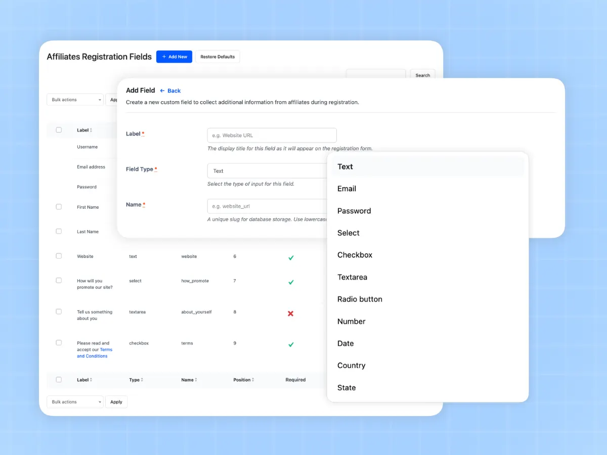 Affiliate registration form builder with custom fields and terms acceptance settings