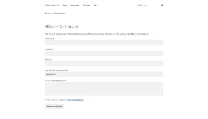 WooCommerce affiliate plugin front-end registration form showing custom fields and become an affiliate submit button