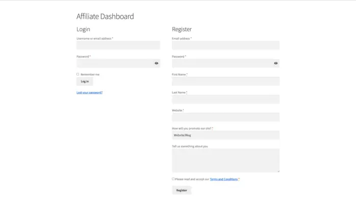 WooCommerce affiliate plugin registration and login page showing custom registration form with terms and conditions acceptance