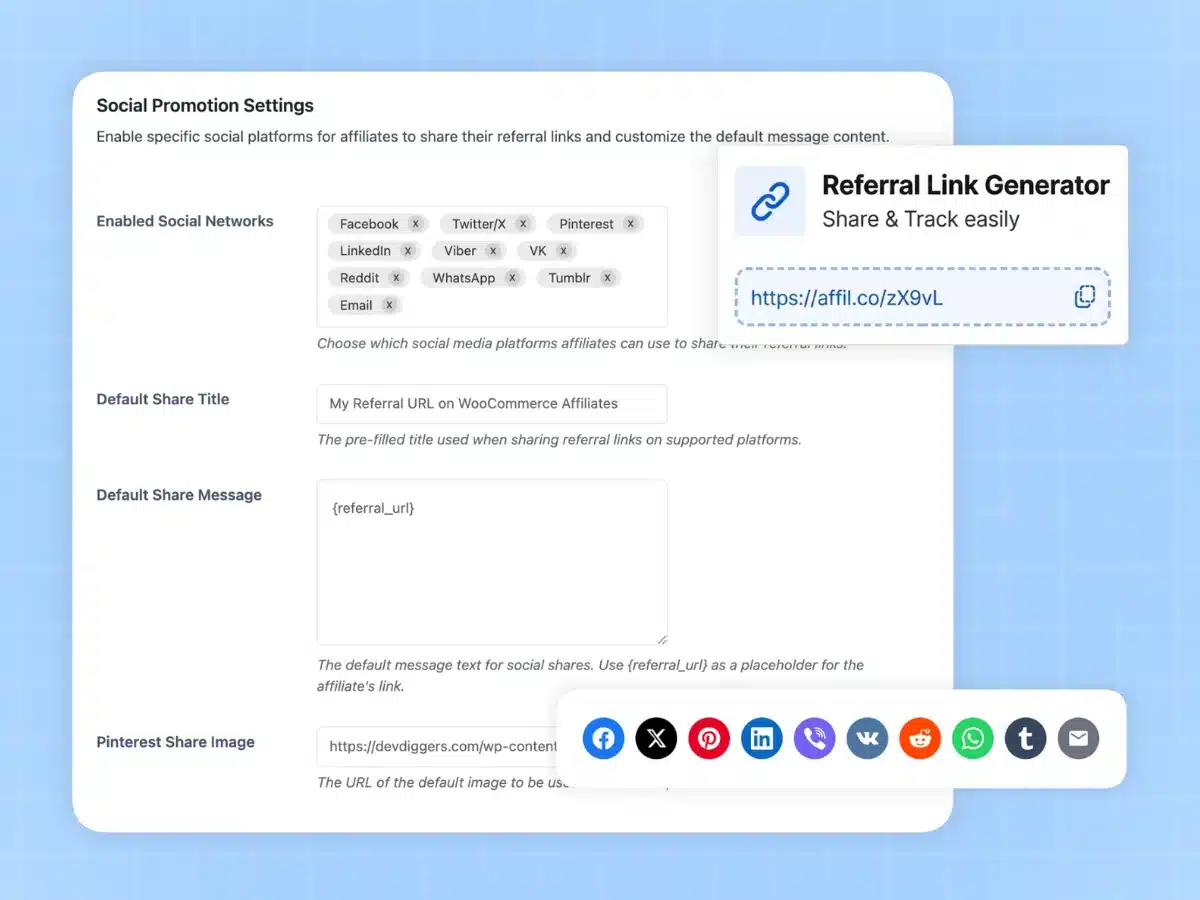 Affiliate social sharing tools for WooCommerce with one-click buttons for Facebook Twitter LinkedIn and WhatsApp