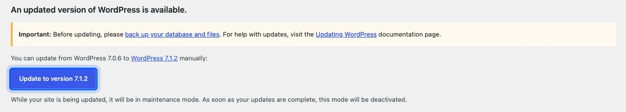 WordPress updates screen offering an update from 7.0.6 to 7.1.2