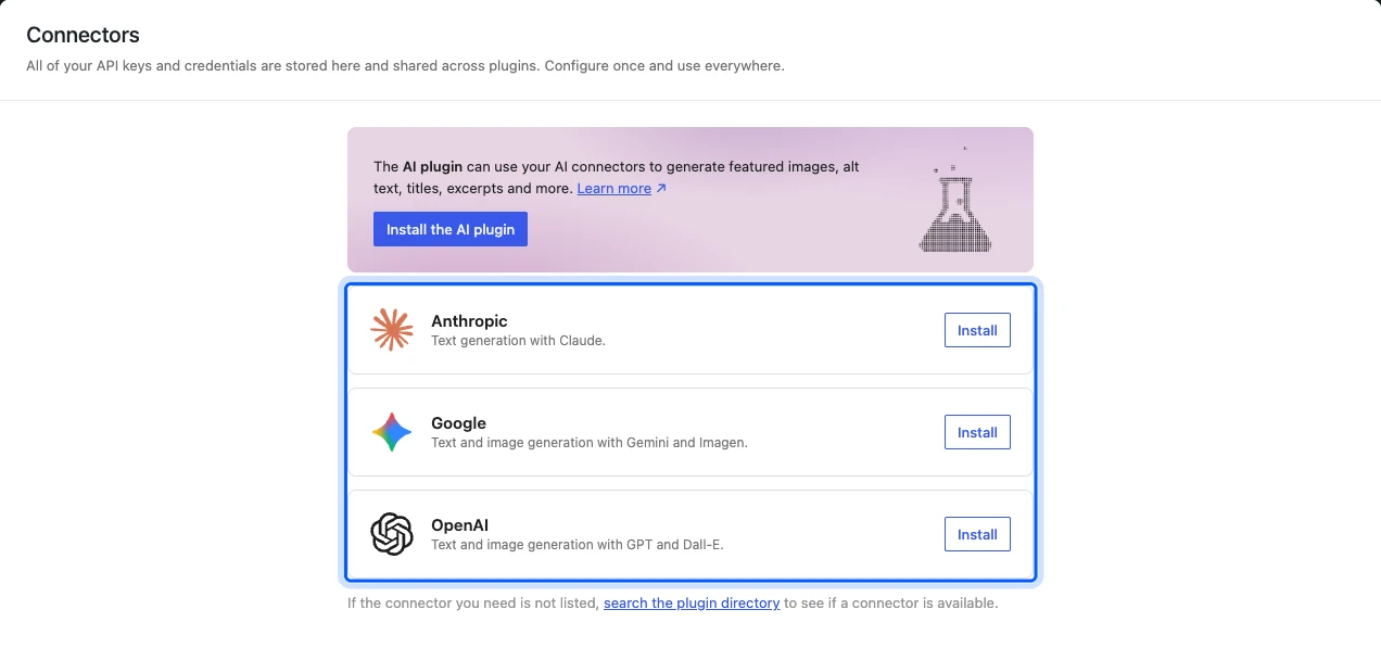 WordPress 7.0 Connectors screen for AI providers