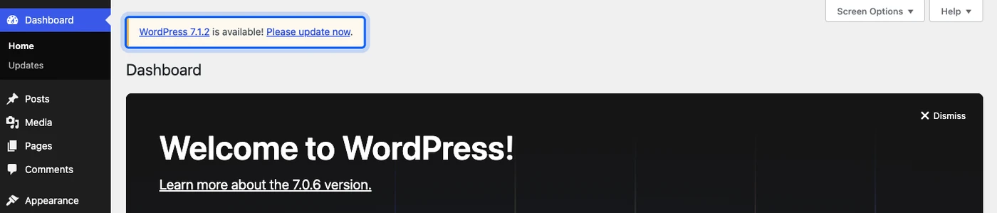 WordPress dashboard notice that WordPress 7.1.2 is available on a 7.0.6 site