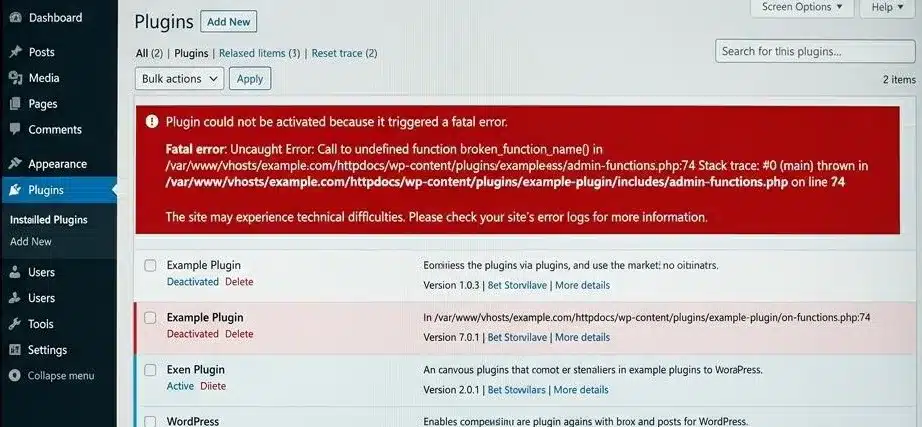 WordPress plugin could not be activated because it triggered a fatal error message in the admin dashboard