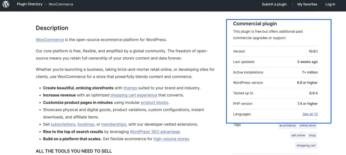 WordPress plugin requirements showing PHP version and WordPress compatibility before activation